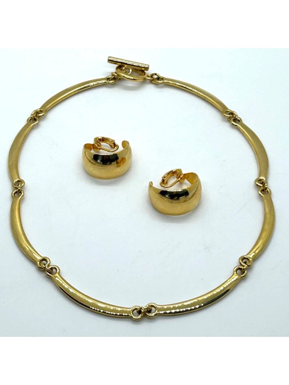 Chunky Gold Tone Collar Necklace Hoop Clip On Earrings Statement Jewelry Set